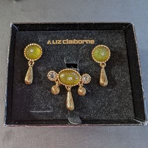 Liz Claiborne, Vintage, earring, brooch, set, original box, green crystal cut